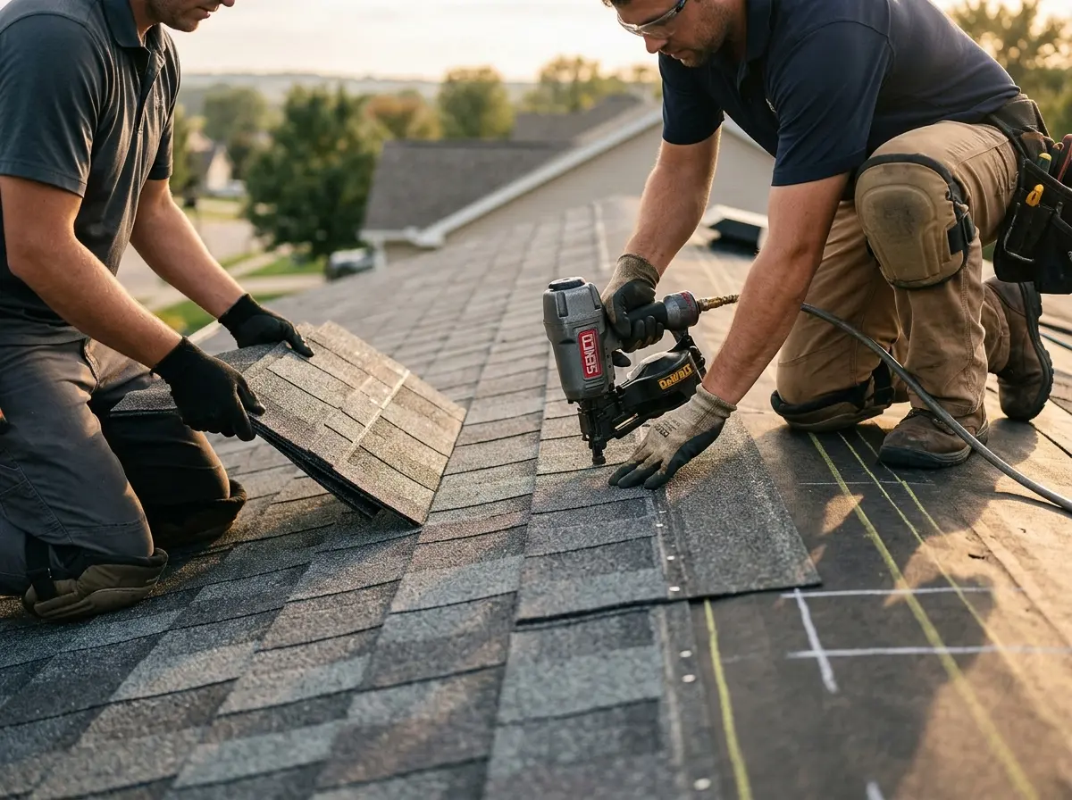 Professional roofer working on a residential roof in Chardon